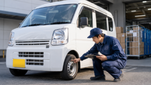 軽貨物車両の安全点検を行う配送ドライバー